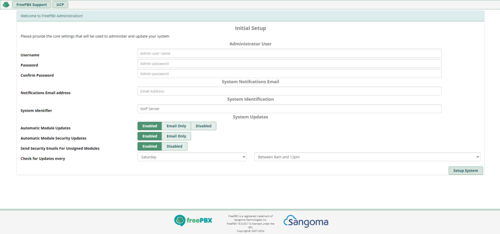 FreePBX Initial setup screen