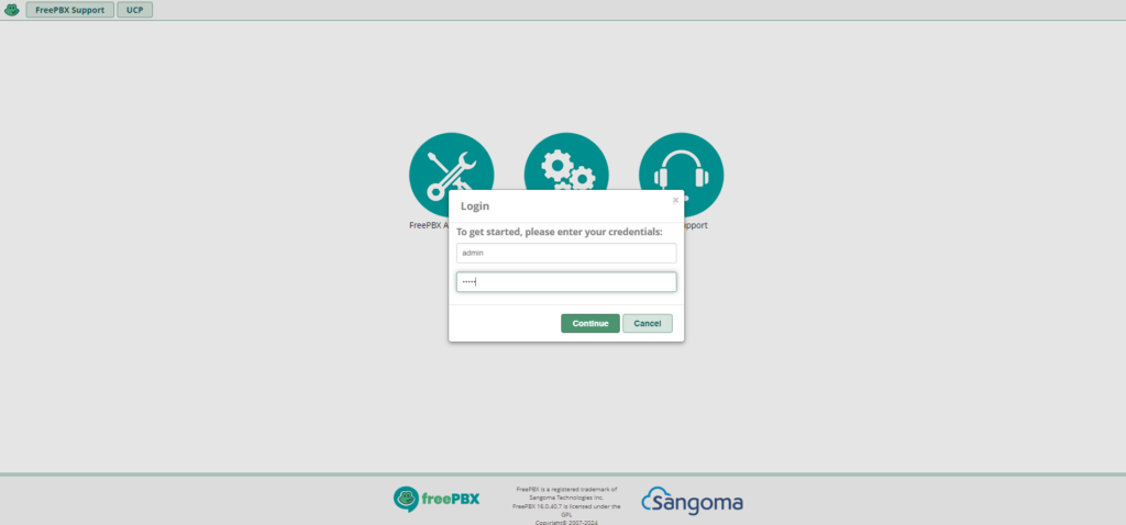 FreePBX login screen