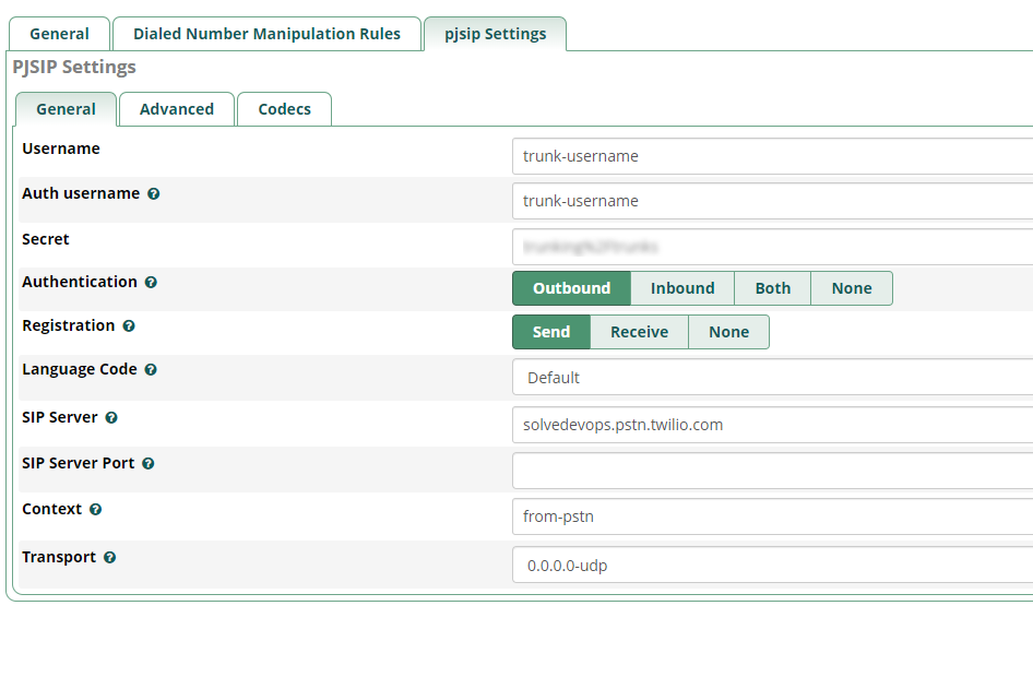 SolveDevOps - FreePBX SIP Trunk Settings